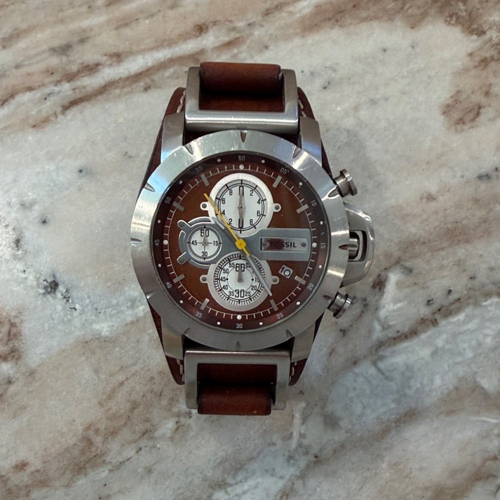 Brown and Silver Chronograph Fossil Mens Watch